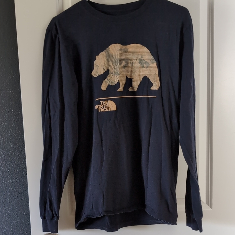 The North Face Blue Tan Long Sleeve Tee with Bear Graphic